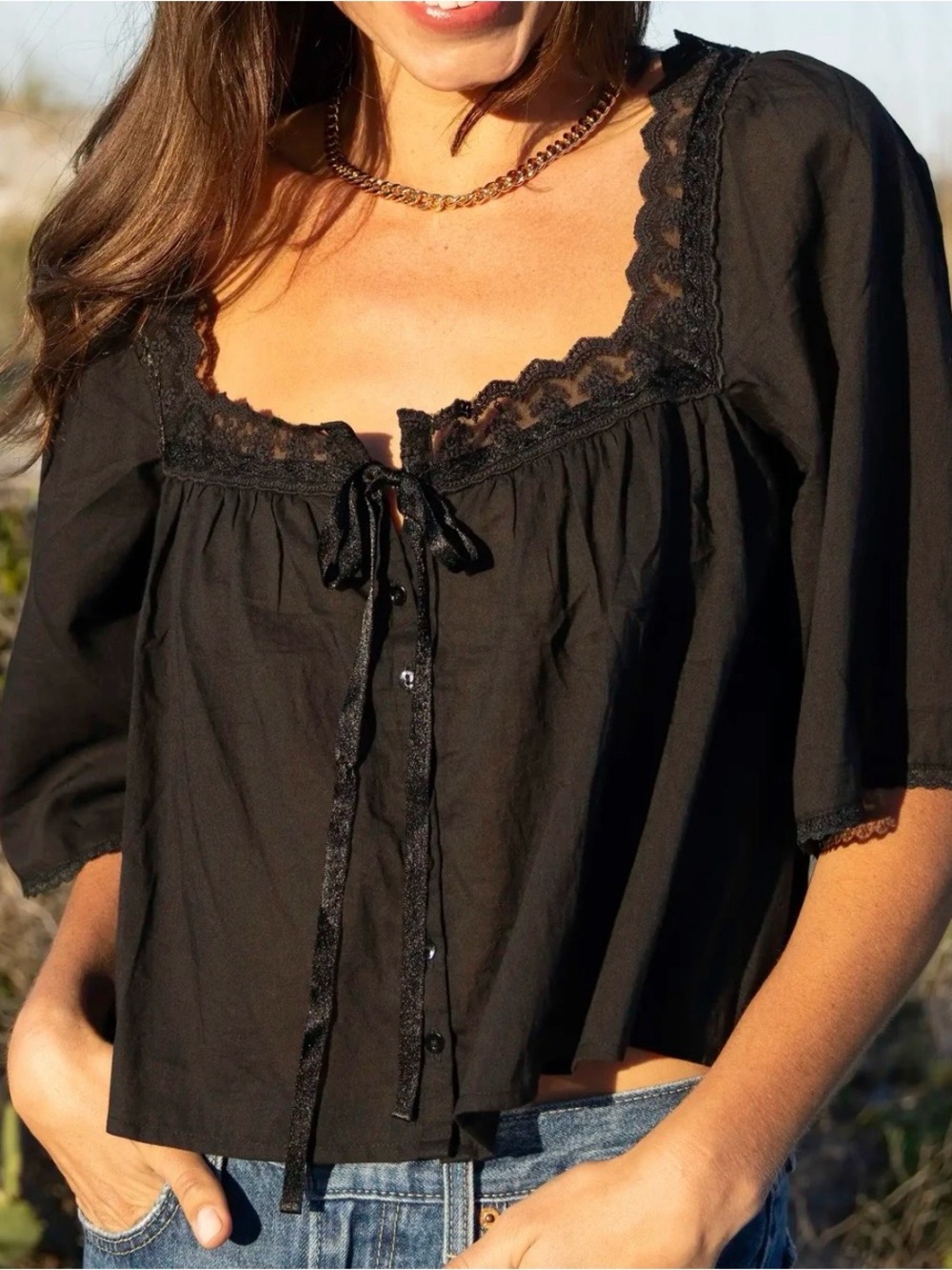 Natural Life Black Lace-Trim Square Neck Peasant Top